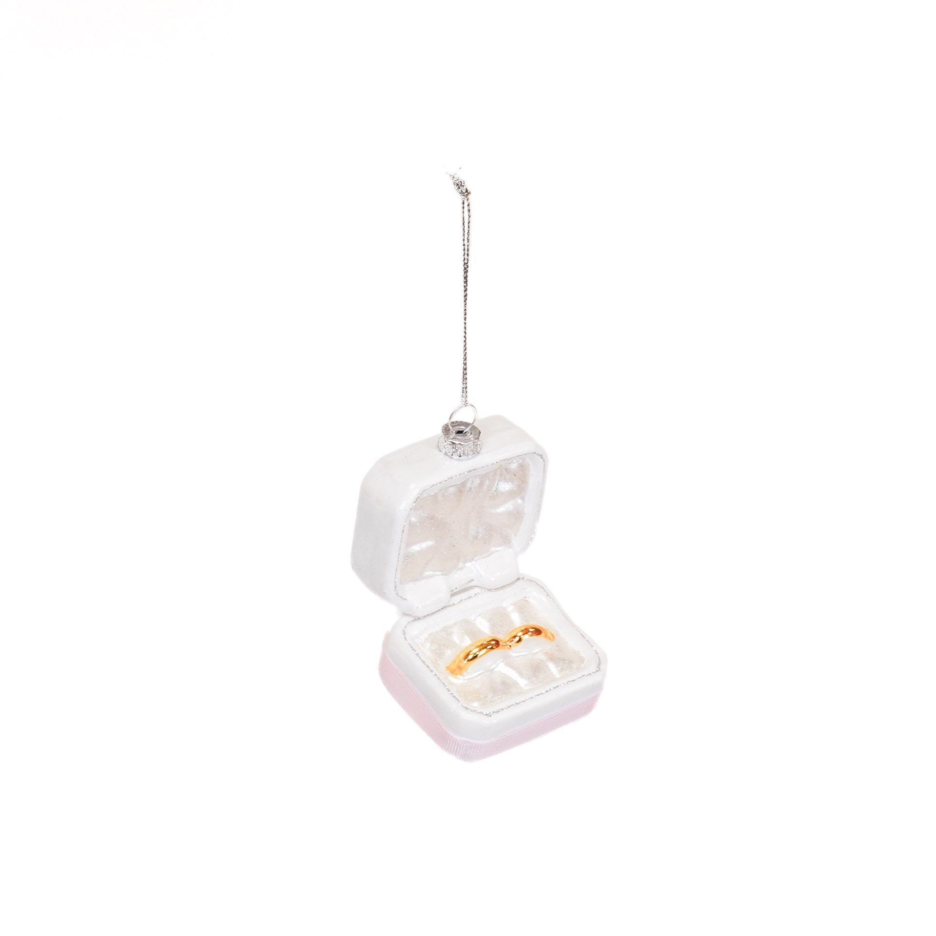 Kerstversiering - Kersthanger - Trouw Ringen in Doosje - Roze/ Wit/ Goud - Glas - 6,5x4,5x11cm
