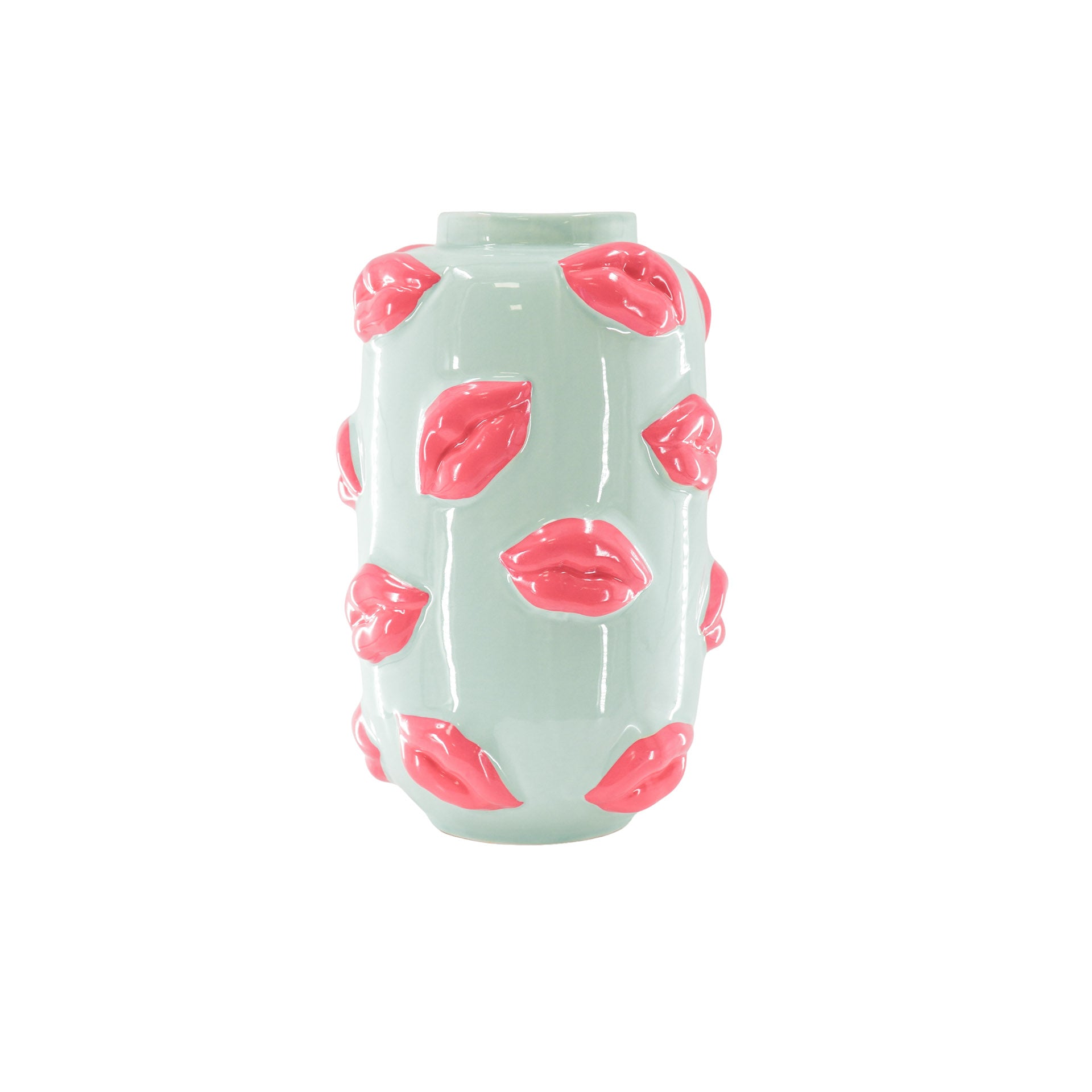 Vaas - Bloemenvaas Lippen - Keramiek - Mint Groen/ Fluor Roze - 17x17x27cm
