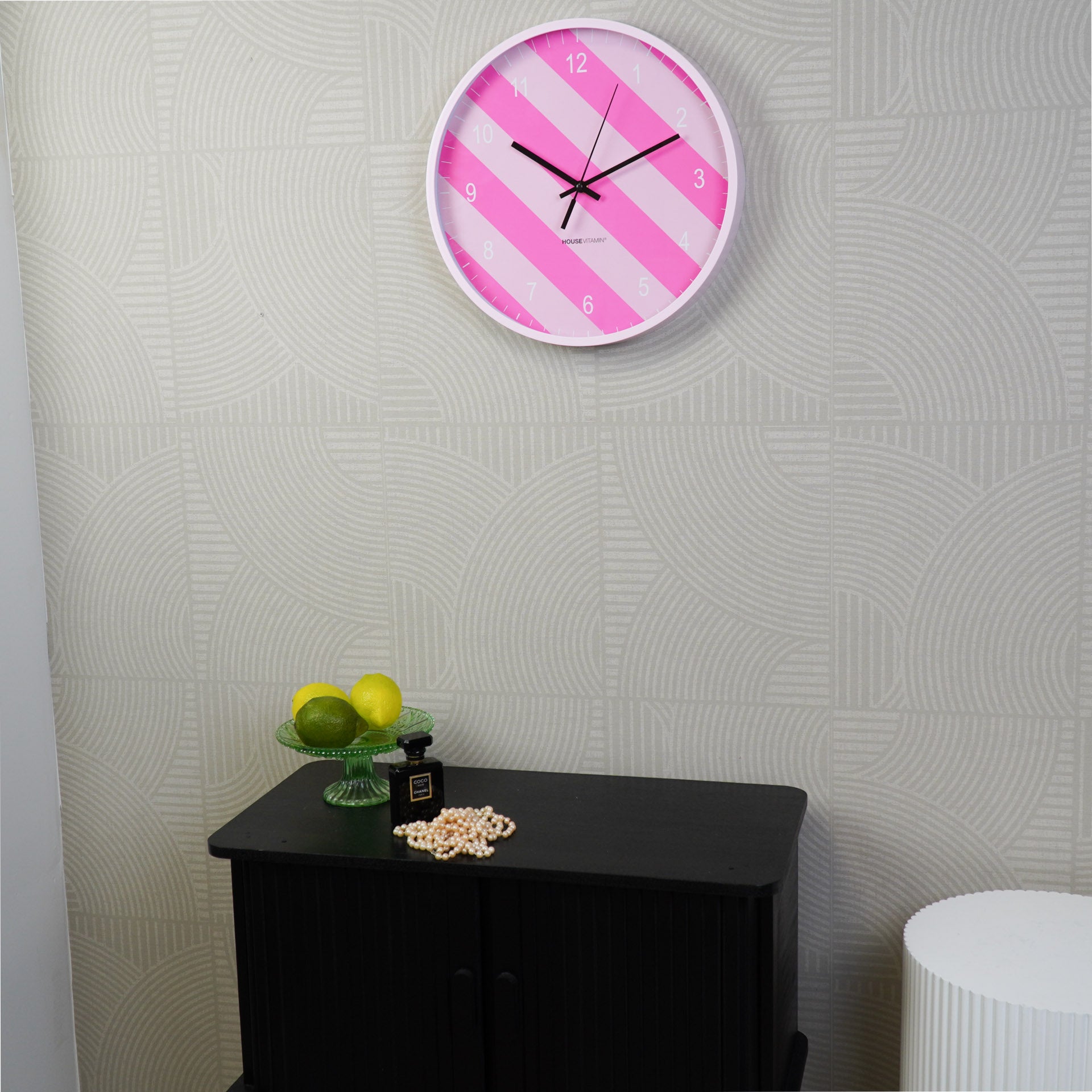 Klok - Wandklok - Streep Patroon - Roze- 34x4x34cm