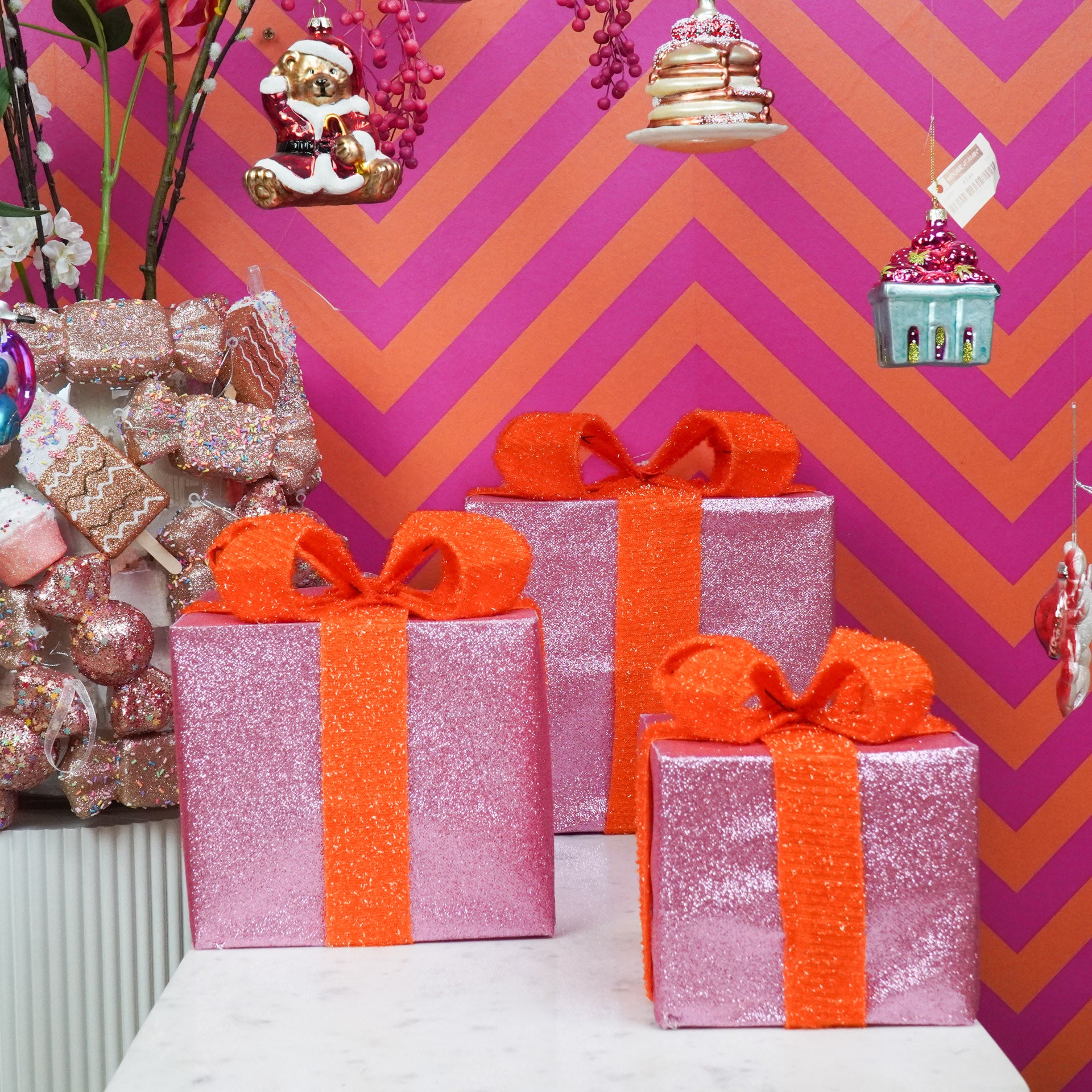 Kerst Led Lamp - Cadeau Set van 3 - Kunststof - Oranje/Roze - 15cm/20cm/25cm