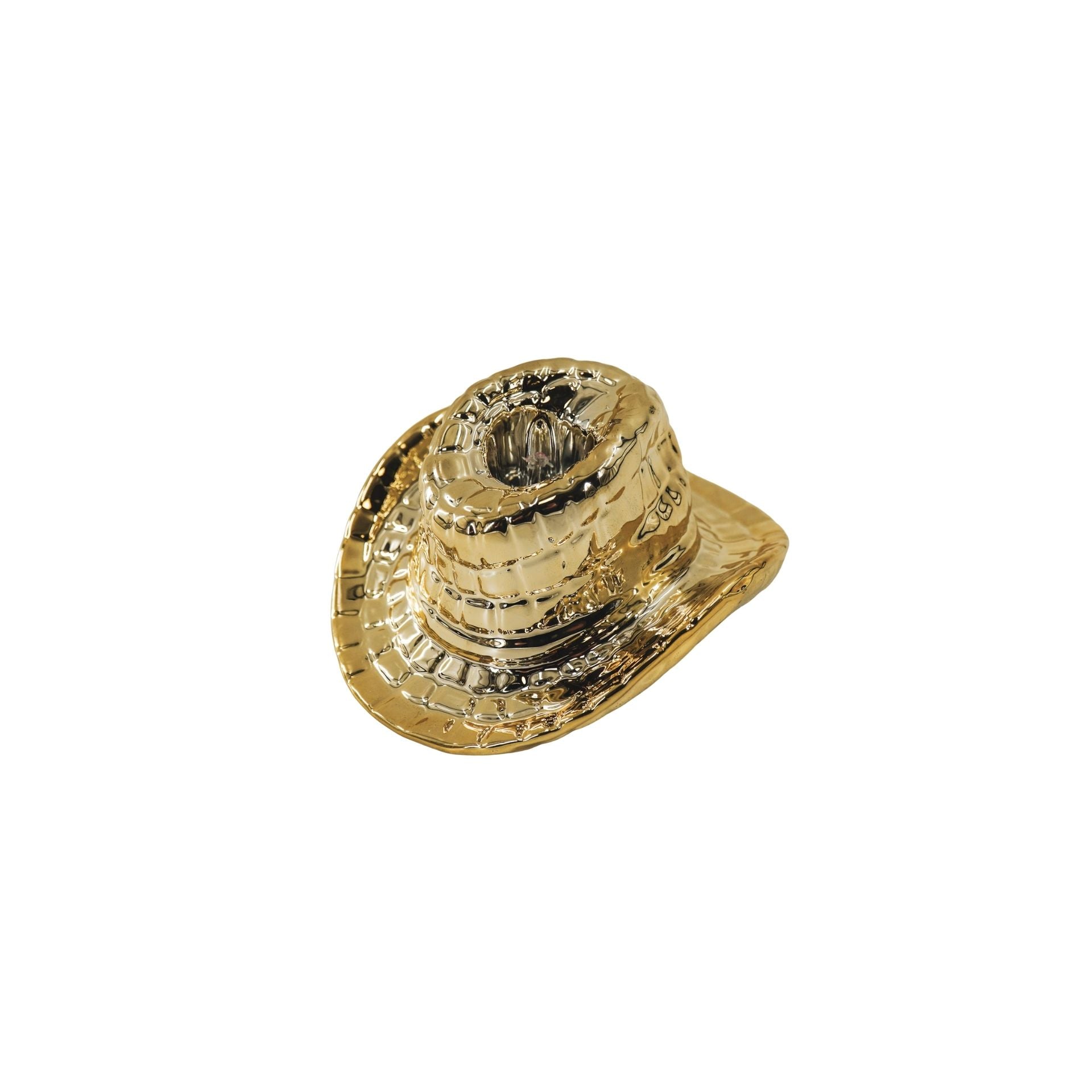 Kandelaar- Cowboyhoed Kaarshouder- Keramiek- Goud- 13,5x11x7 cm