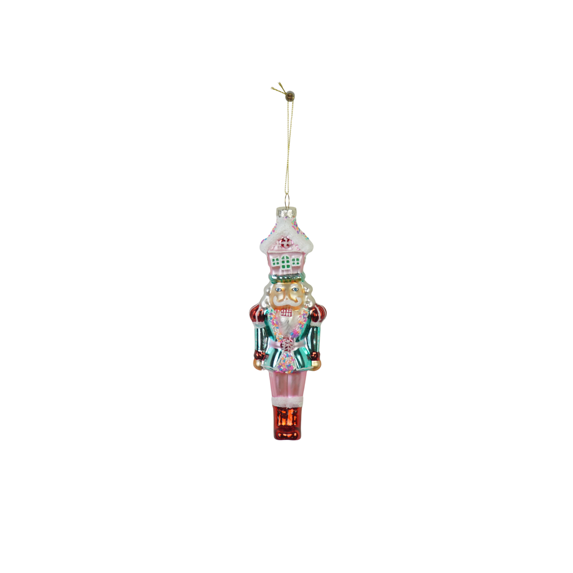 Kerstversiering - Kersthanger - Notenkraker met Snoephuisje - Wit/ Roze - Glas - 5,5x4x17,5cm