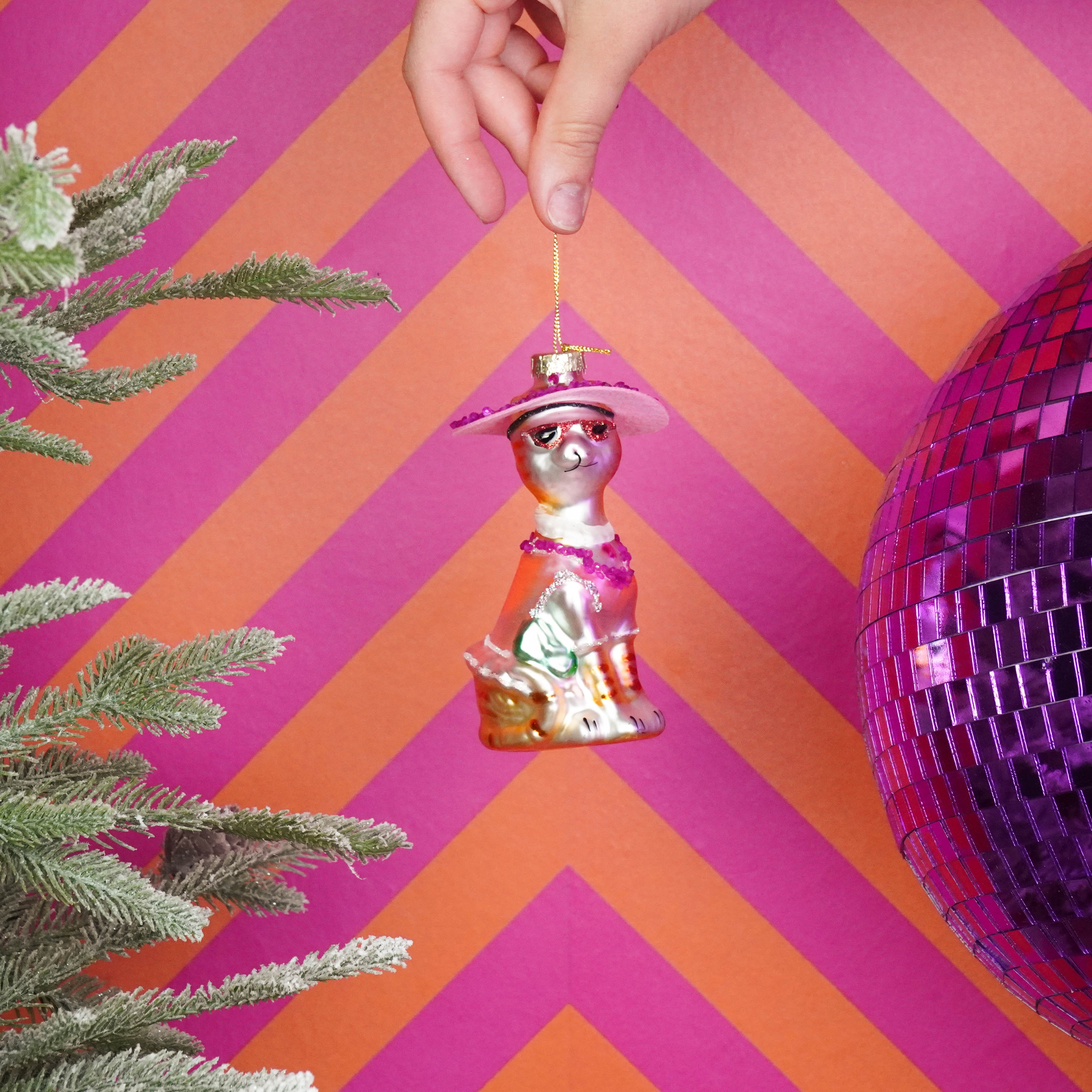 Kerstversiering - Kersthanger - Diva Kat - Wit/ Roze - Glas - 12x6x5cm