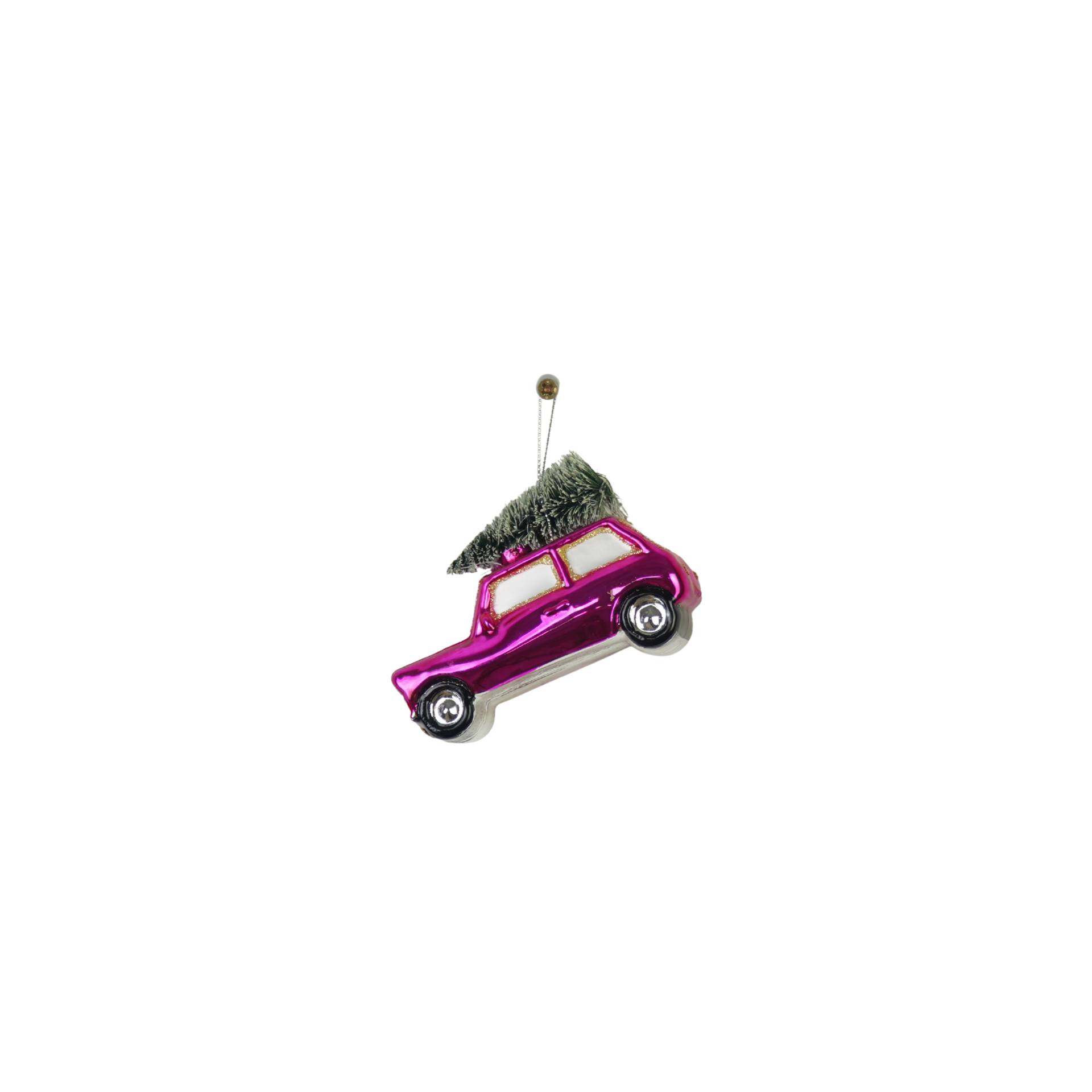Kerstversiering - Kersthanger - Roze auto met Kerstboom - Glas - 10x5x7cm