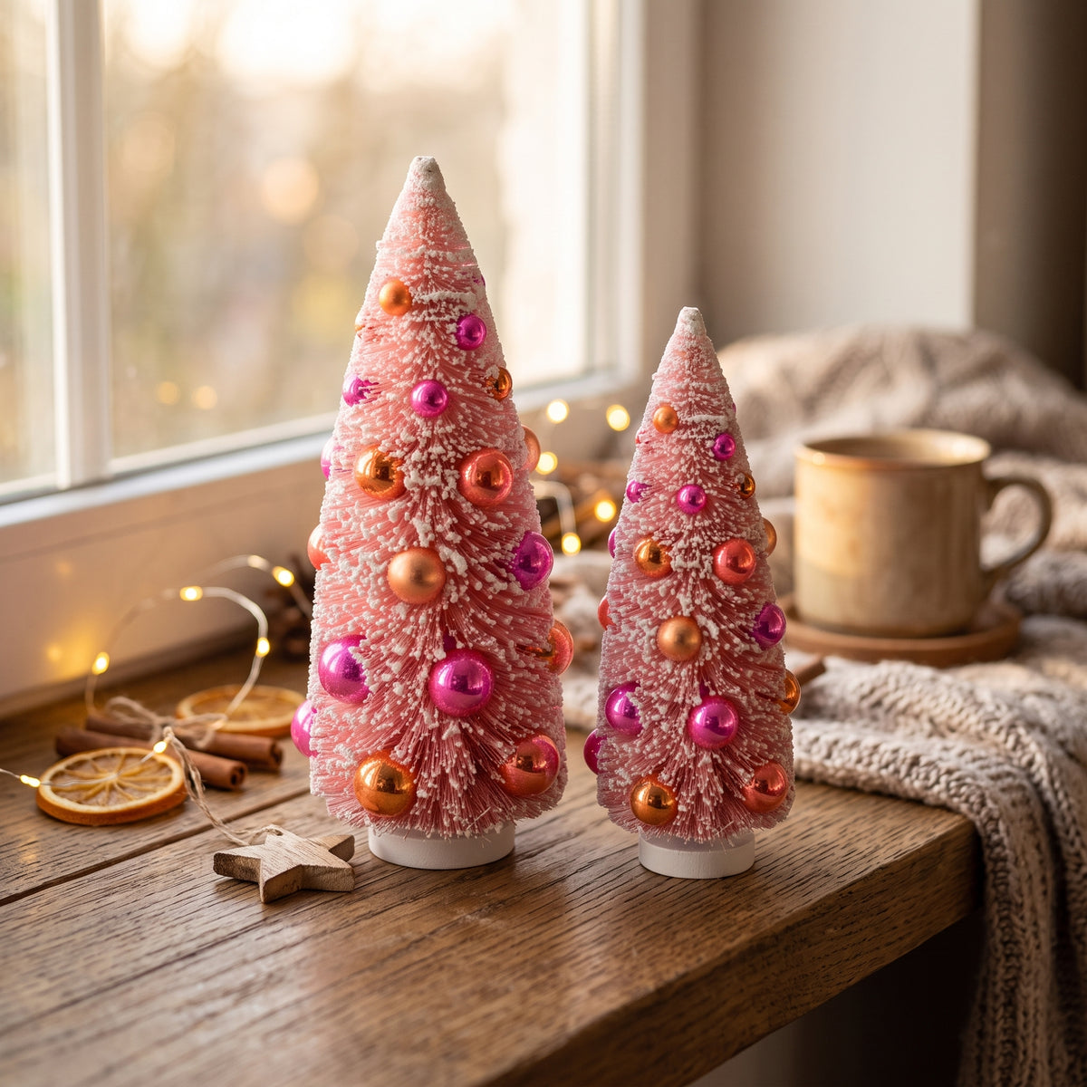 XMAS-Set Kerstdecoratie Set – LED Snoephuisje Roze/Oranje & 2 Roze Kerstboompjes – 12x31 en 11x23 cm – Candy Christmas