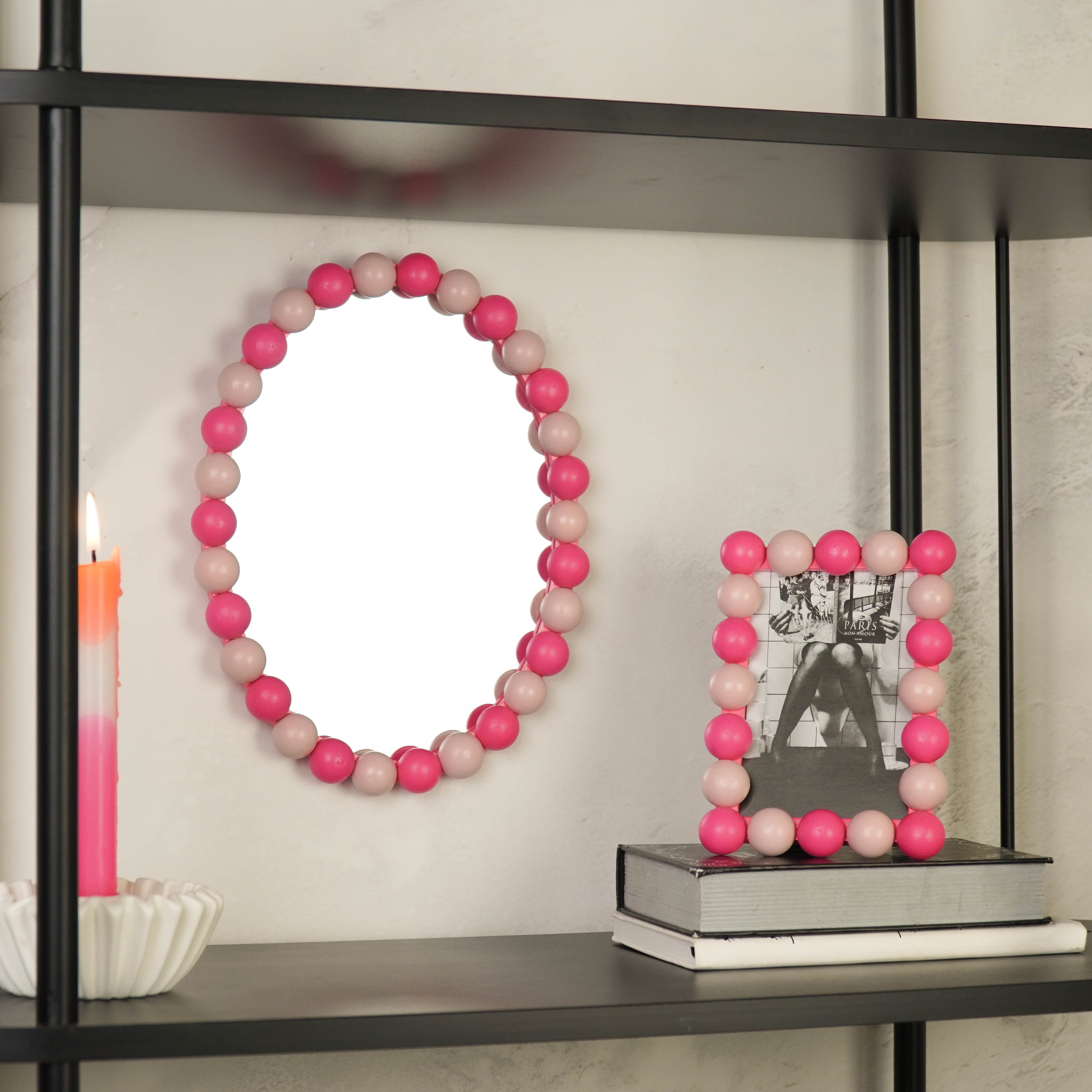 Fotolijst - Rechthoekig met Bolletjes Rand - MDF - Licht Roze/ Neon Roze - 18.5x13.5cm