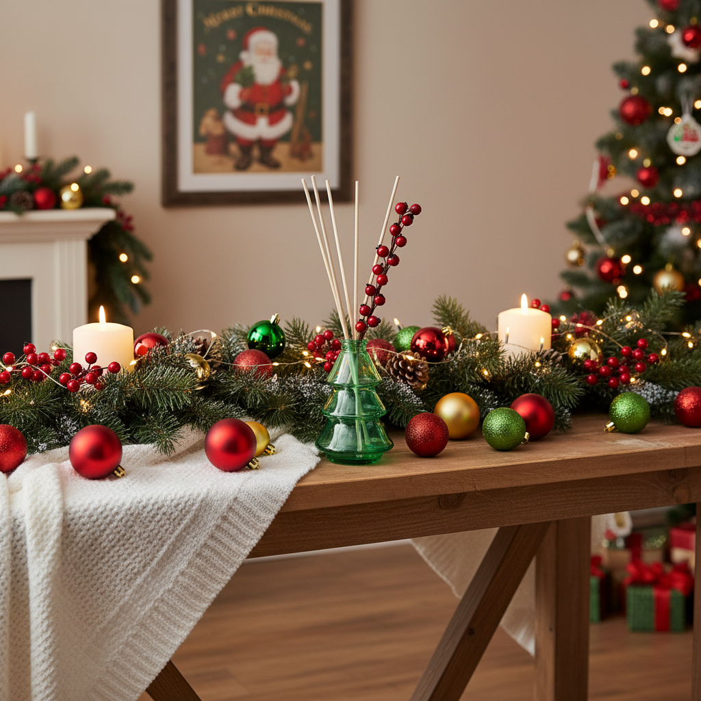 XMAS- Set Kerst Cadeauset – 2 x Geurstokjes, Geurkaars & Kerstbordjes Ø15 en Ø19 cm – Kerst Giftset