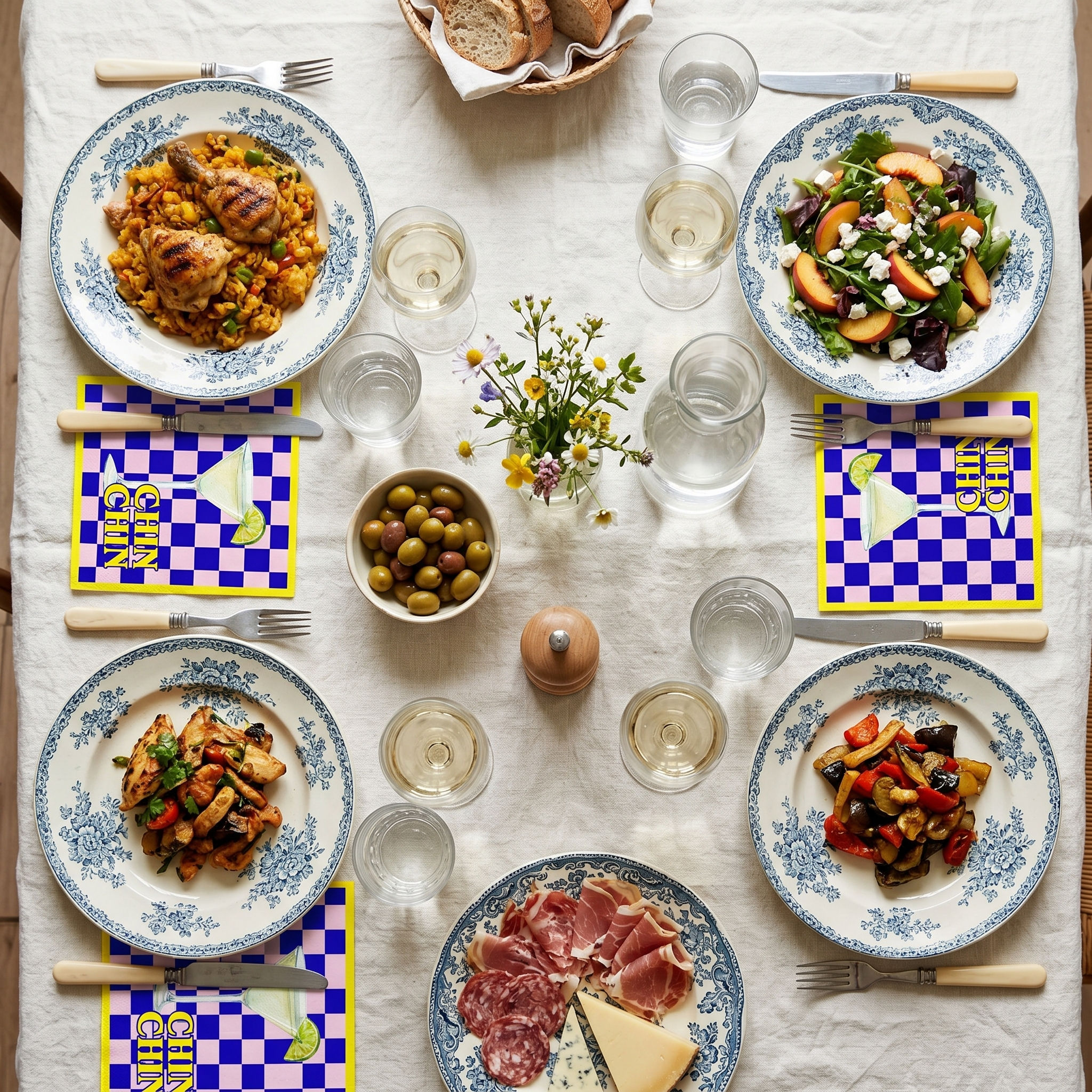 Papieren Servetten 33x33 cm – 3-LaPapieren Servetten - "Chin Chin" - Geel/Blauw/Roze - 3-Laags - FSC - 33x33 cm - 20 Stuksags – FSC –Geel/Blauw/Roze – 'Chin chin' – 20 Stuks