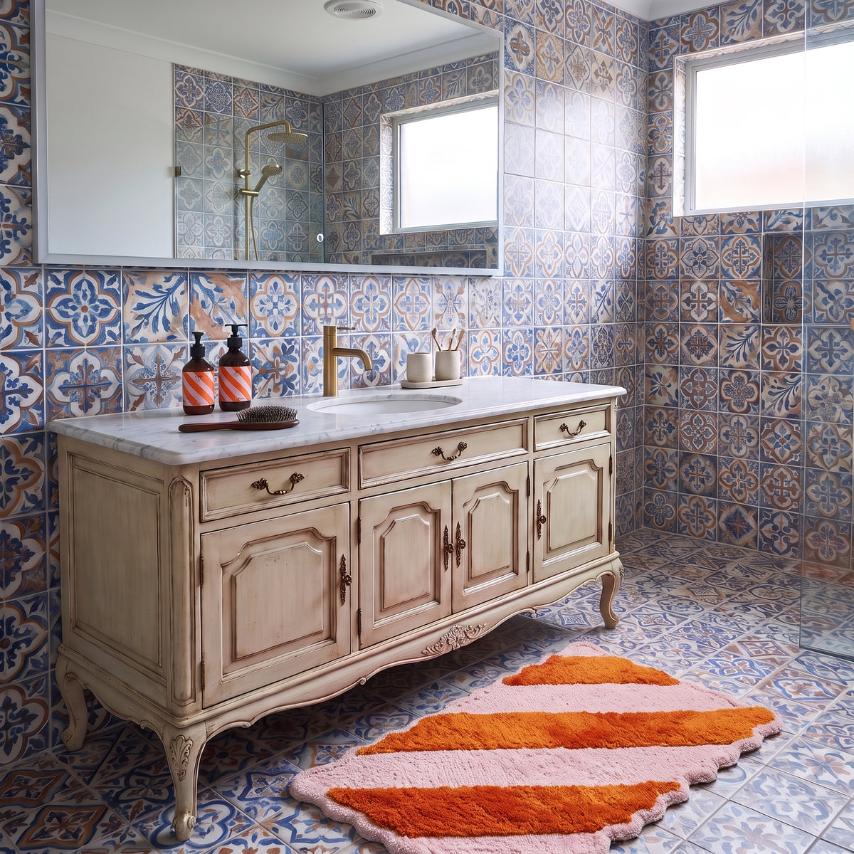 Badmat - Gestreept - Katoen/ Polyester - Lichtroze/ Oranje - 80x50x1 cm