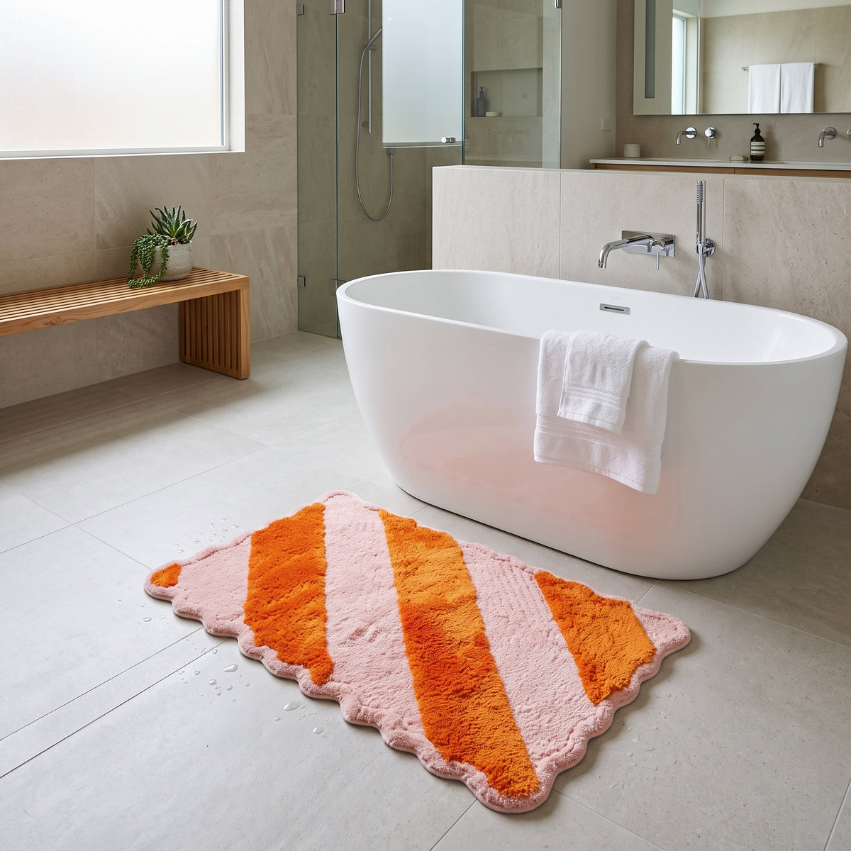 Badmat - Gestreept - Katoen/ Polyester - Lichtroze/ Oranje - 80x50x1 cm