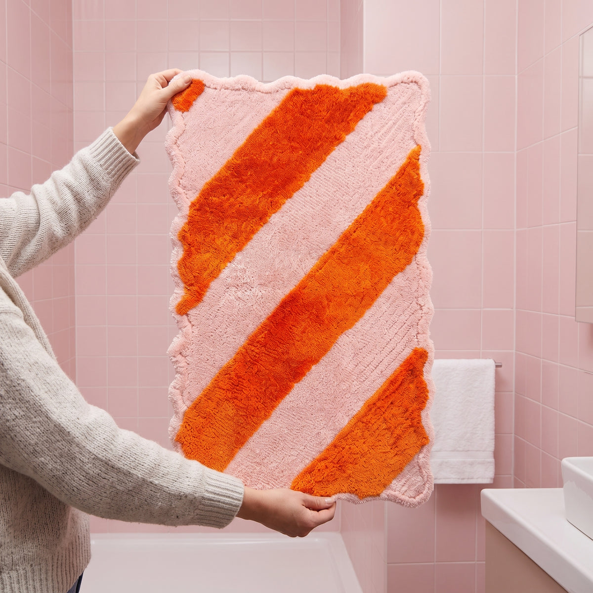 Badmat - Gestreept - Katoen/ Polyester - Lichtroze/ Oranje - 80x50x1 cm