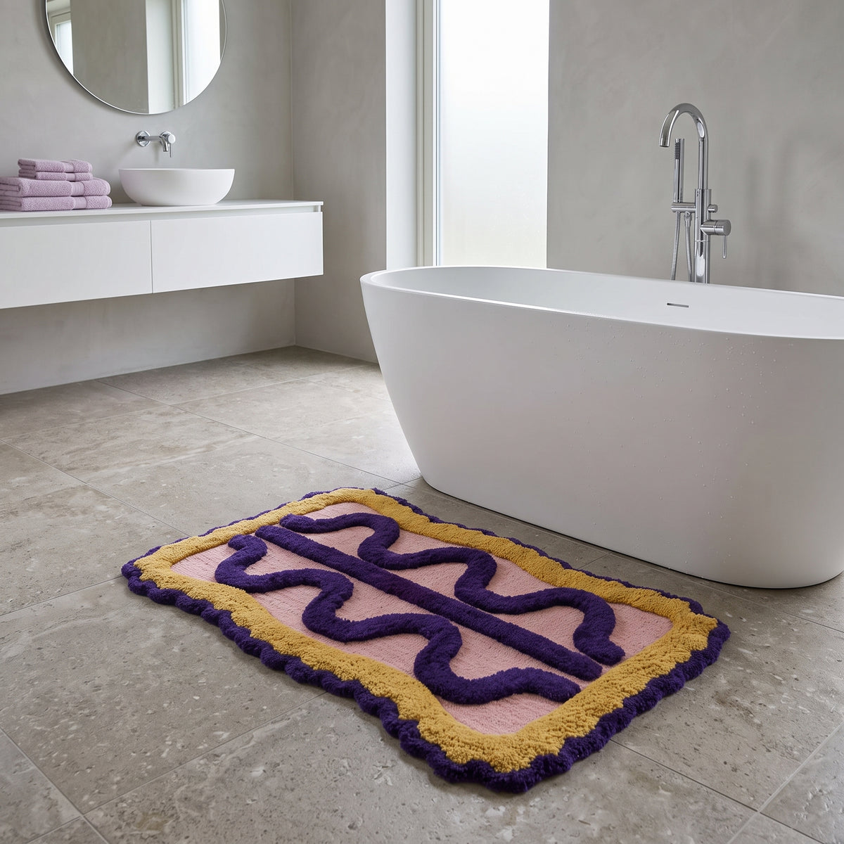 Badmat - Life Flow- Katoen/ Polyester - Lichtroze/ Blauw/ Geel - 80x50x1 cm