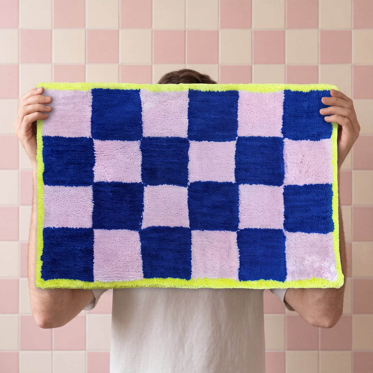 Badmat - Geblokt - Katoen/ Polyester - Roze/ Blauw/ Geel- 80x50x1 cm