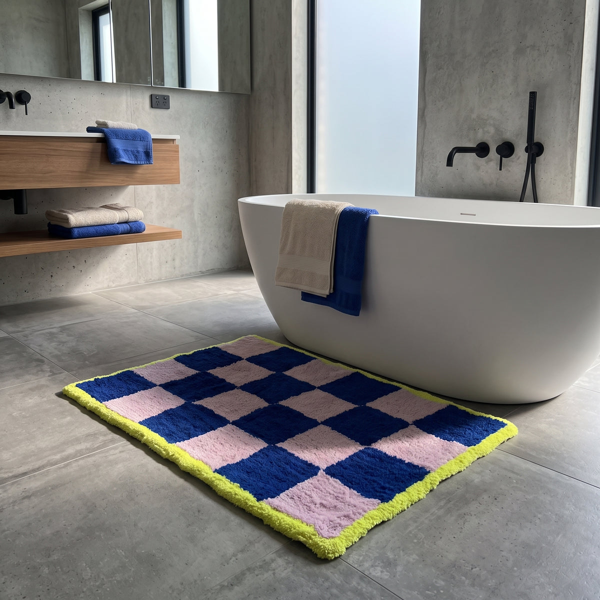 Badmat - Geblokt - Katoen/ Polyester - Roze/ Blauw/ Geel- 80x50x1 cm
