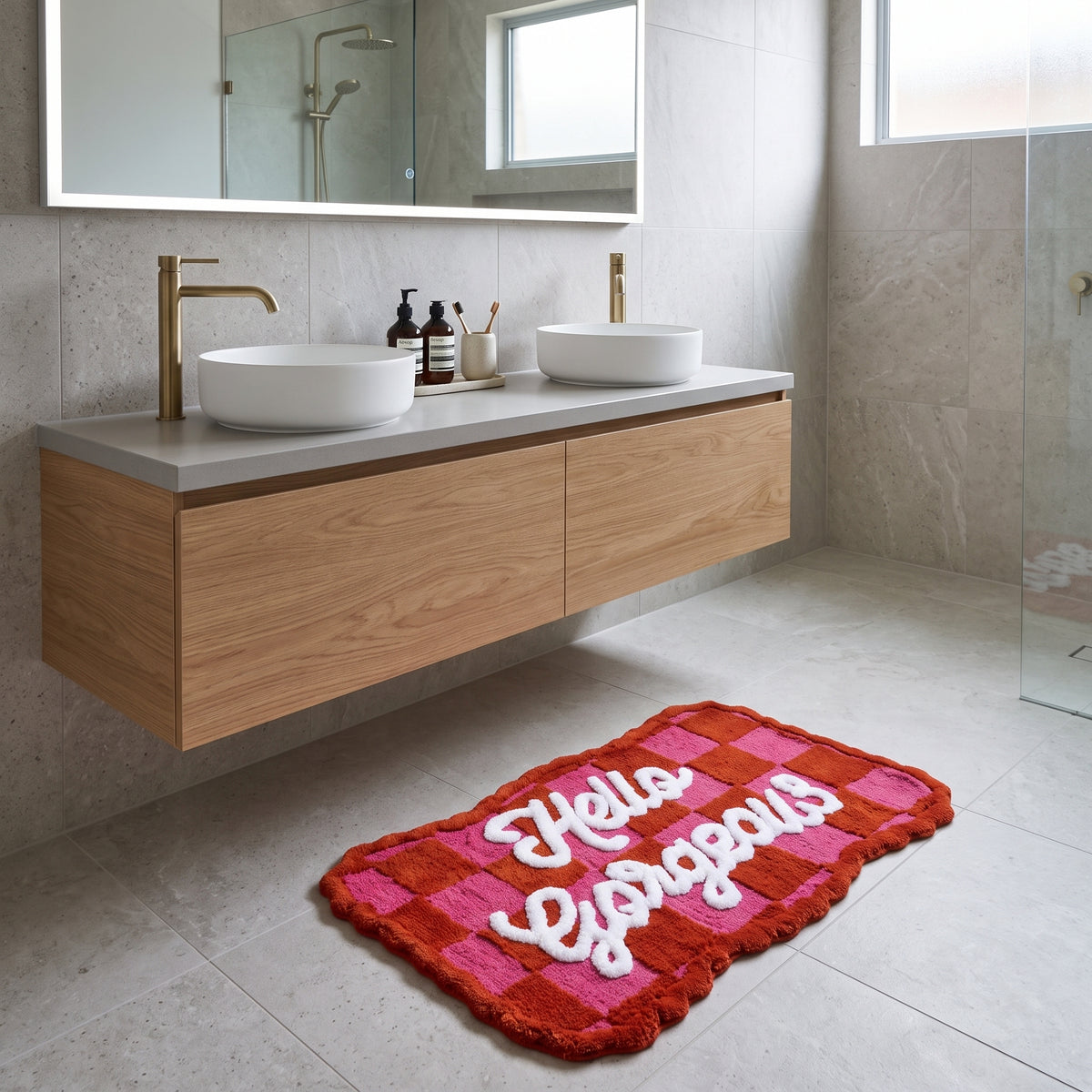 Badmat - Hello Gorgeous- Katoen/ Polyester - Roze/ Rood- 80x50x1 cm