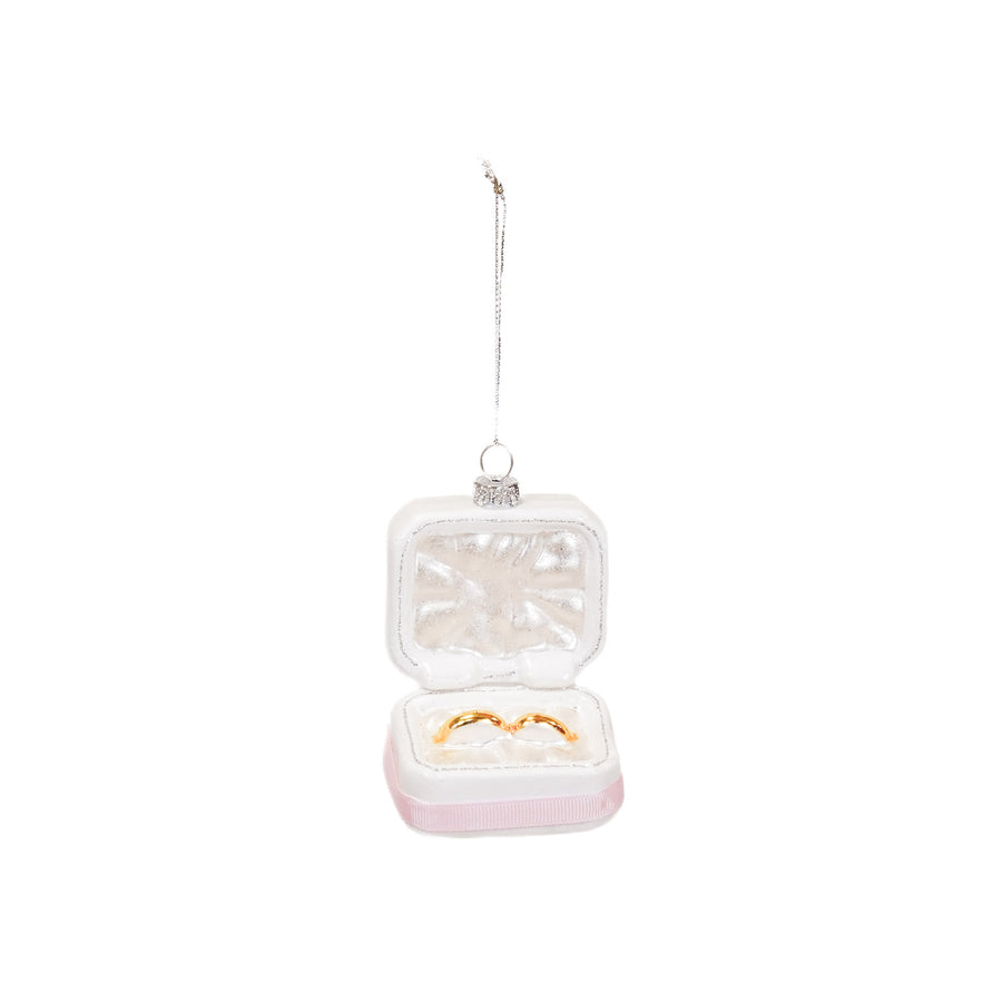 Kerstversiering -  Kersthanger - Trouw Ringen in Doosje - Roze/ Wit/ Goud - Glas - 6,5x4,5x11cm