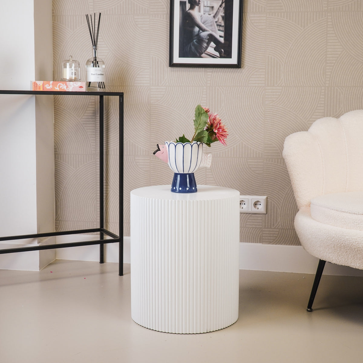 Bijzettafel Rond – Geribbelde Cilinder – MDF – Wit– 39x45cm