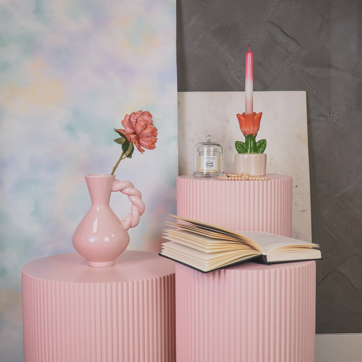 Bijzettafel Rond – Geribbelde Cilinder – MDF – Licht Roze – 30x54cm