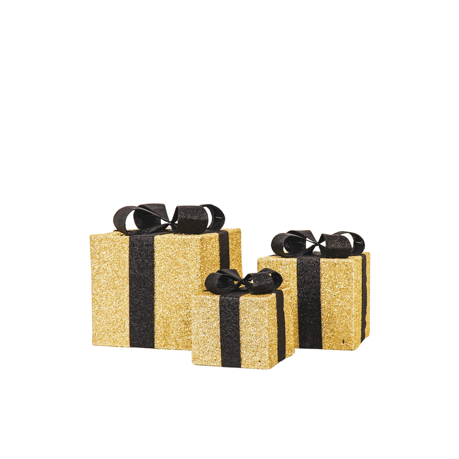 Kerst Led Lamp - Cadeau Set van 3 - Kunststof - Goud/Zwart - 15cm/20cm/25cm