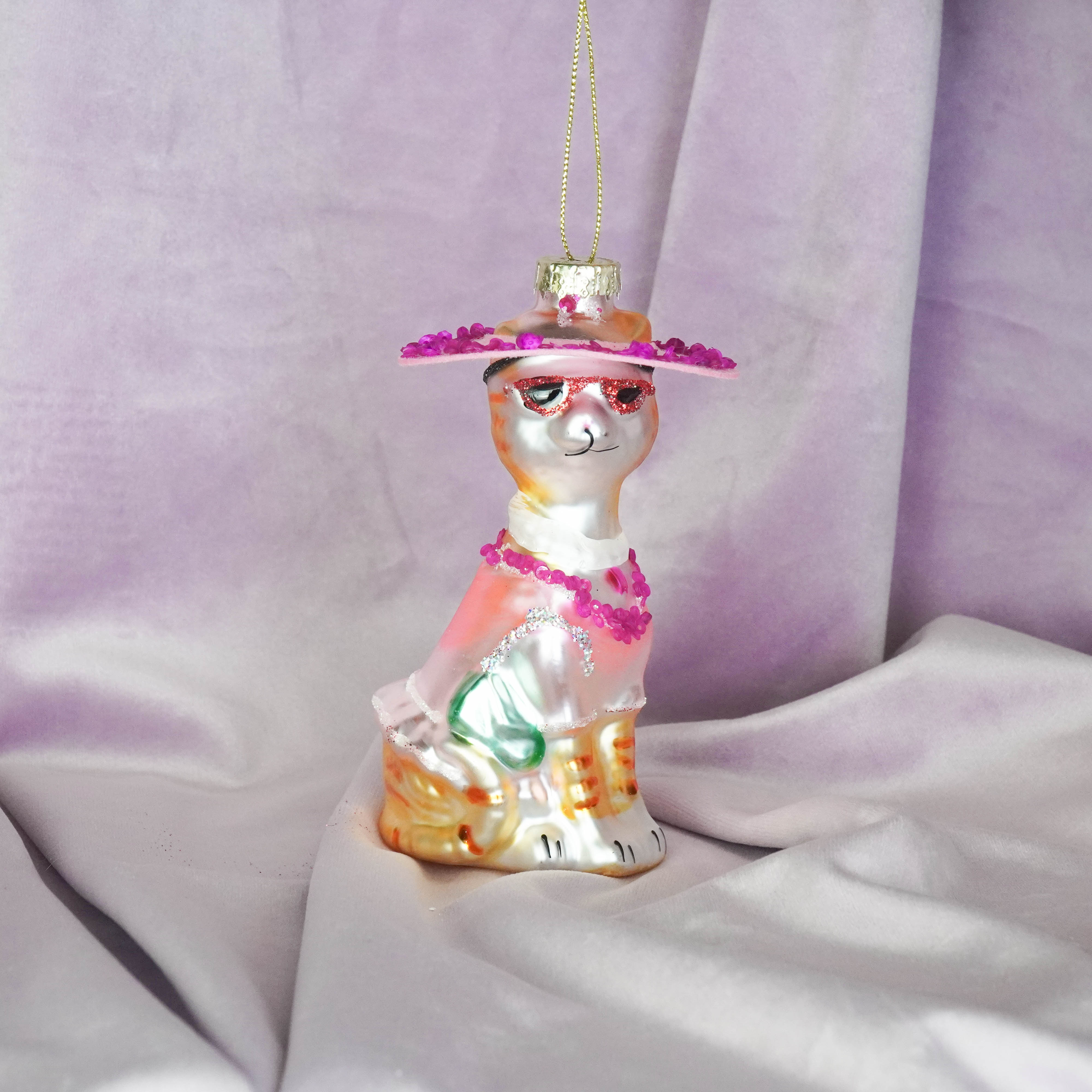 Kerstversiering -  Kersthanger  - Diva Kat - Wit/ Roze -  Glas - 12x6x5cm