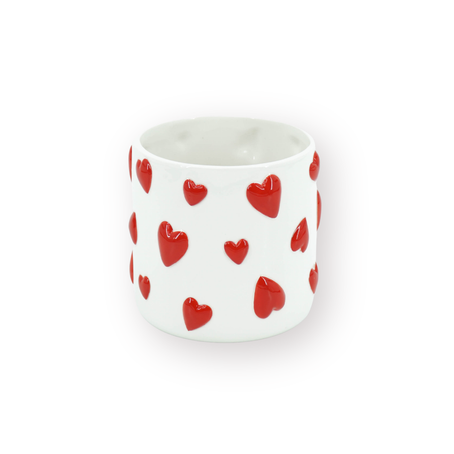 Pot - Planten Pot Hartjes - Dolomiet - Wit / Rood - 15.5x15.5x16 cm