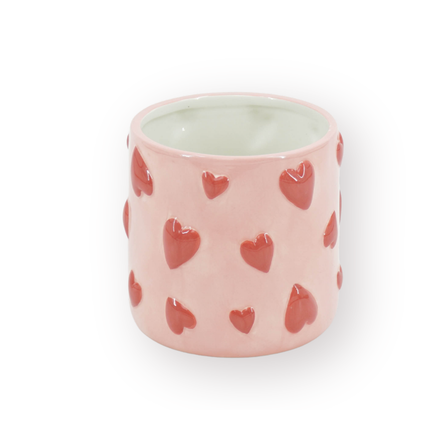 Pot - Planten Pot Hartjes - Dolomiet - Roze / Rood - 15.5x15.5x16 cm