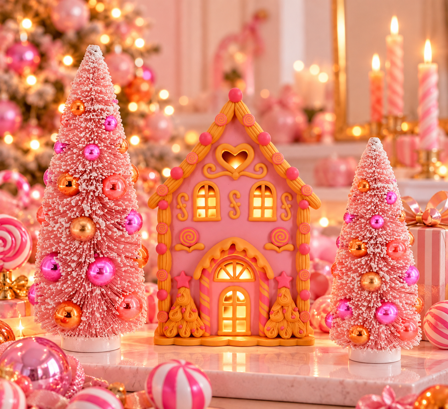 XMAS-Set Kerstdecoratie Set – LED Snoephuisje Roze/Oranje & 2 Roze Kerstboompjes – 12x31 en 11x23 cm – Candy Christmas