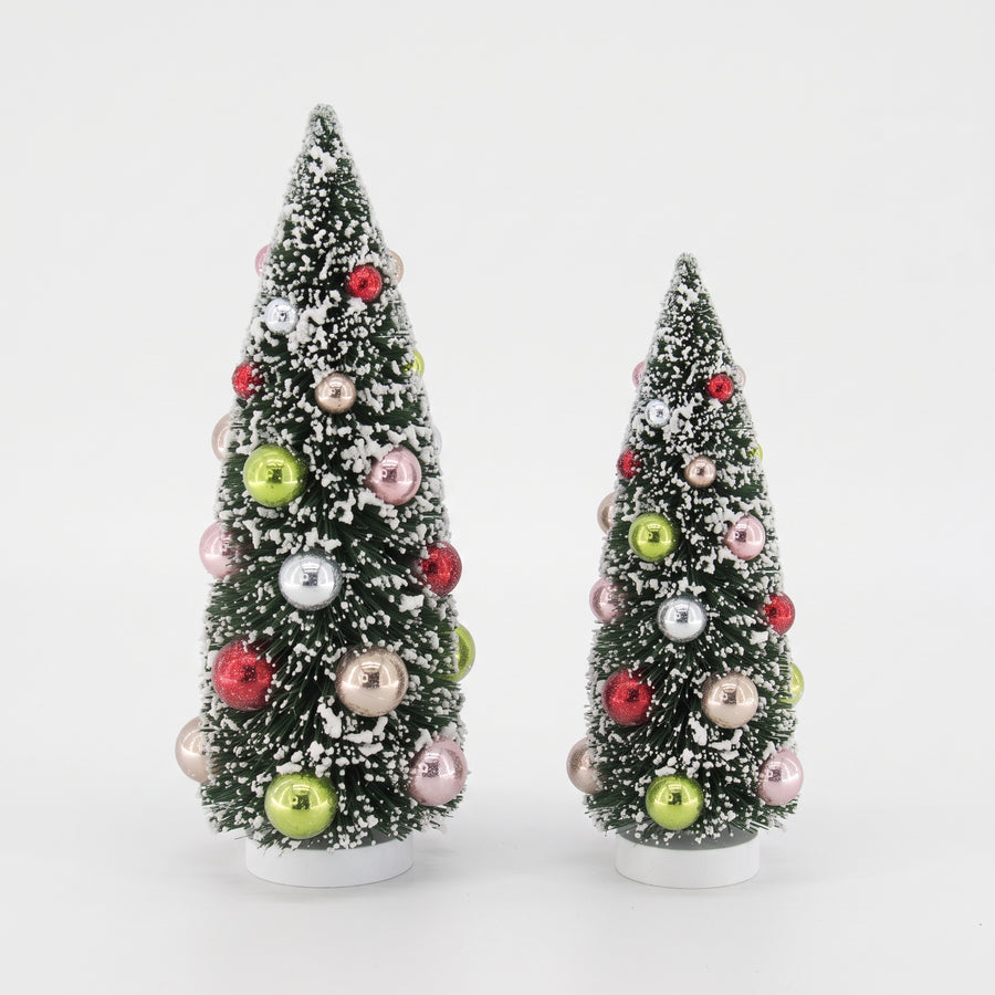 XMAS- Set van 2 Groene Kunst Kerstboompjes met gekleurde ballen- 11x23 cm en 12,5 x 30 cm