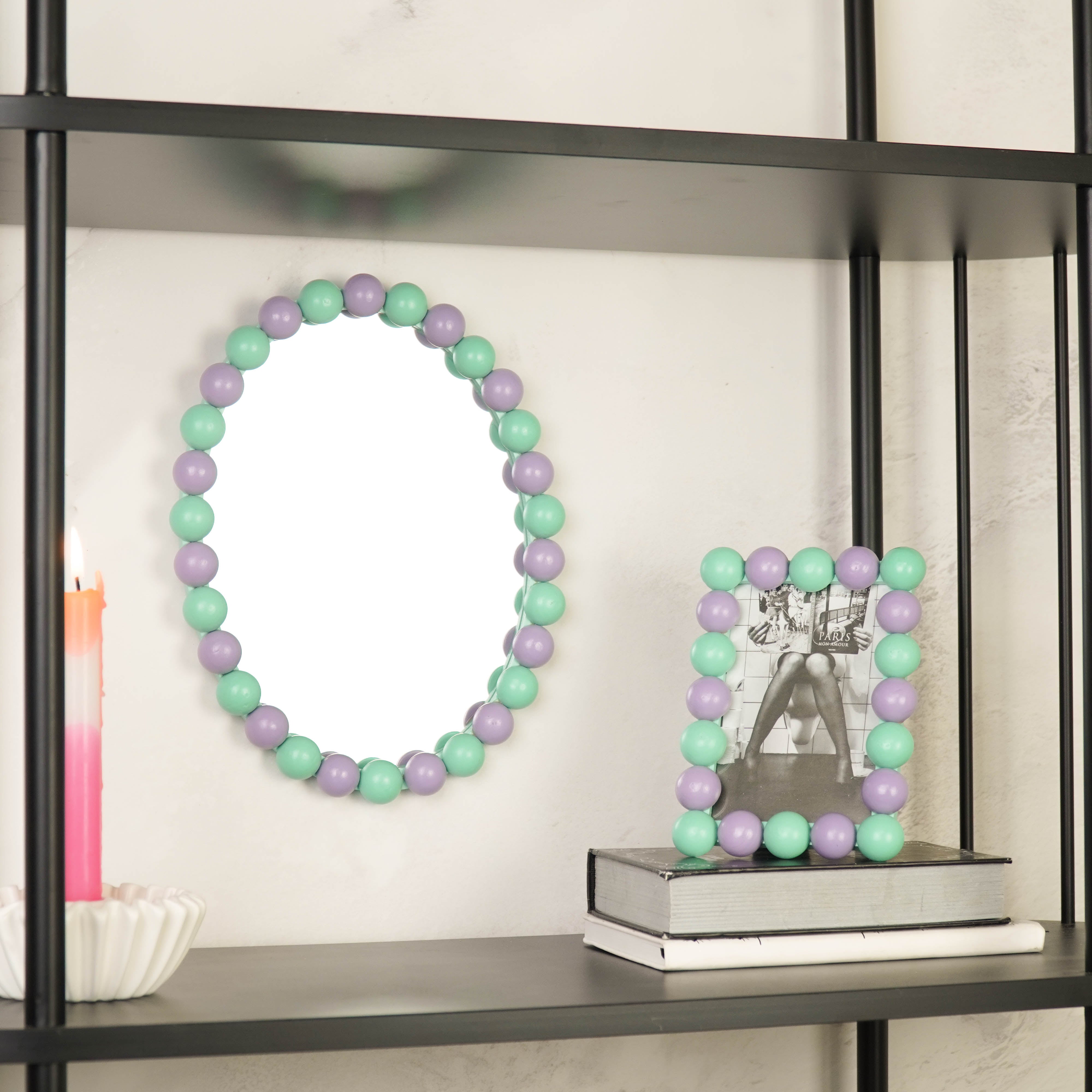 Fotolijst - Rechthoekig met Bolletjes Rand - MDF - Mint/ Lila - 18.5x13.5cm