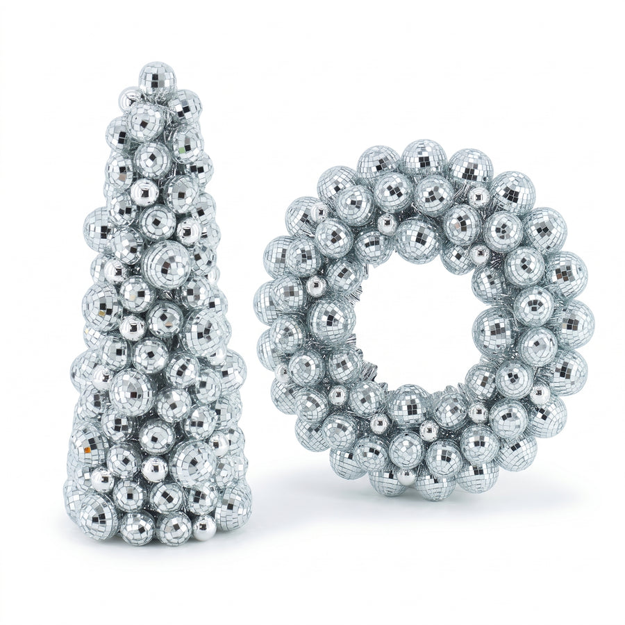 XMAS- Set Disco Kerstdecoratie – Zilveren Discobal Kerstboom 42 cm & Kerstkrans Ø40 cm – Kerstversiering