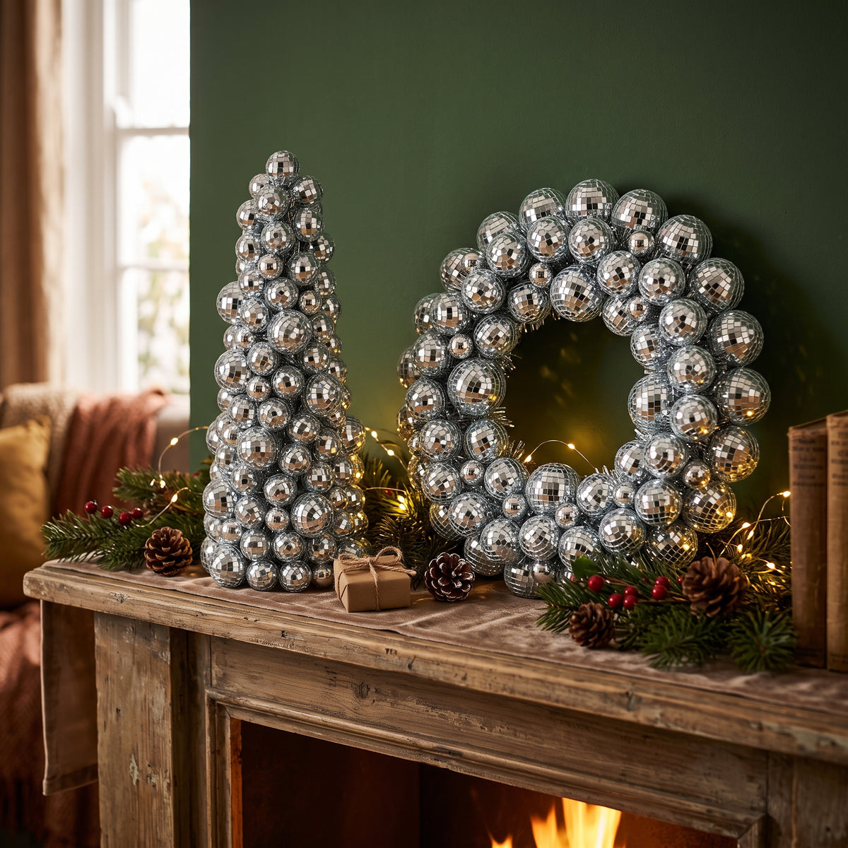 XMAS- Set Disco Kerstdecoratie – Zilveren Discobal Kerstboom 42 cm & Kerstkrans Ø40 cm – Kerstversiering