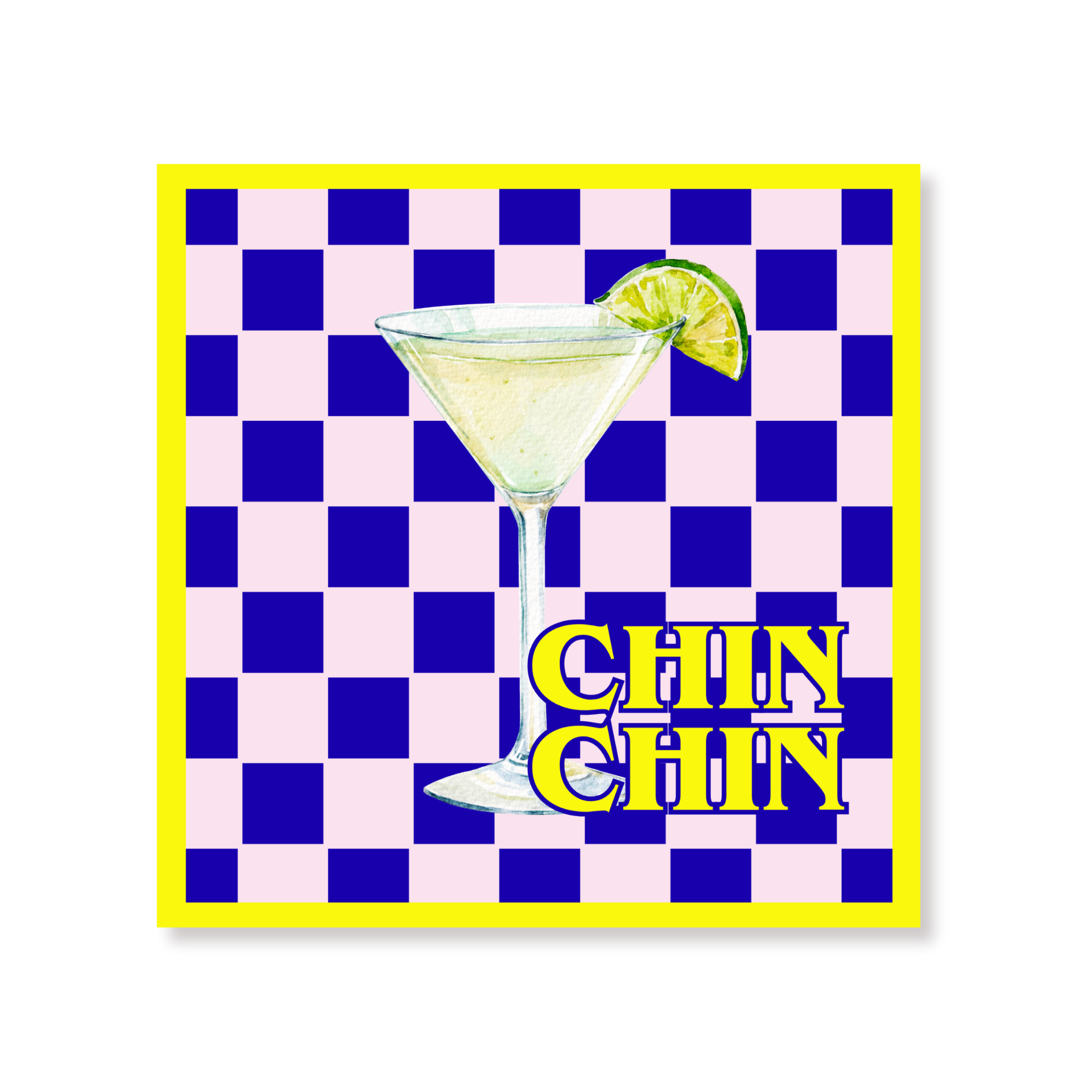 Papieren Servetten 33x33 cm – 3-LaPapieren Servetten - "Chin Chin" - Geel/Blauw/Roze - 3-Laags - FSC - 33x33 cm  - 20 Stuksags – FSC –Geel/Blauw/Roze – 'Chin chin' – 20 Stuks