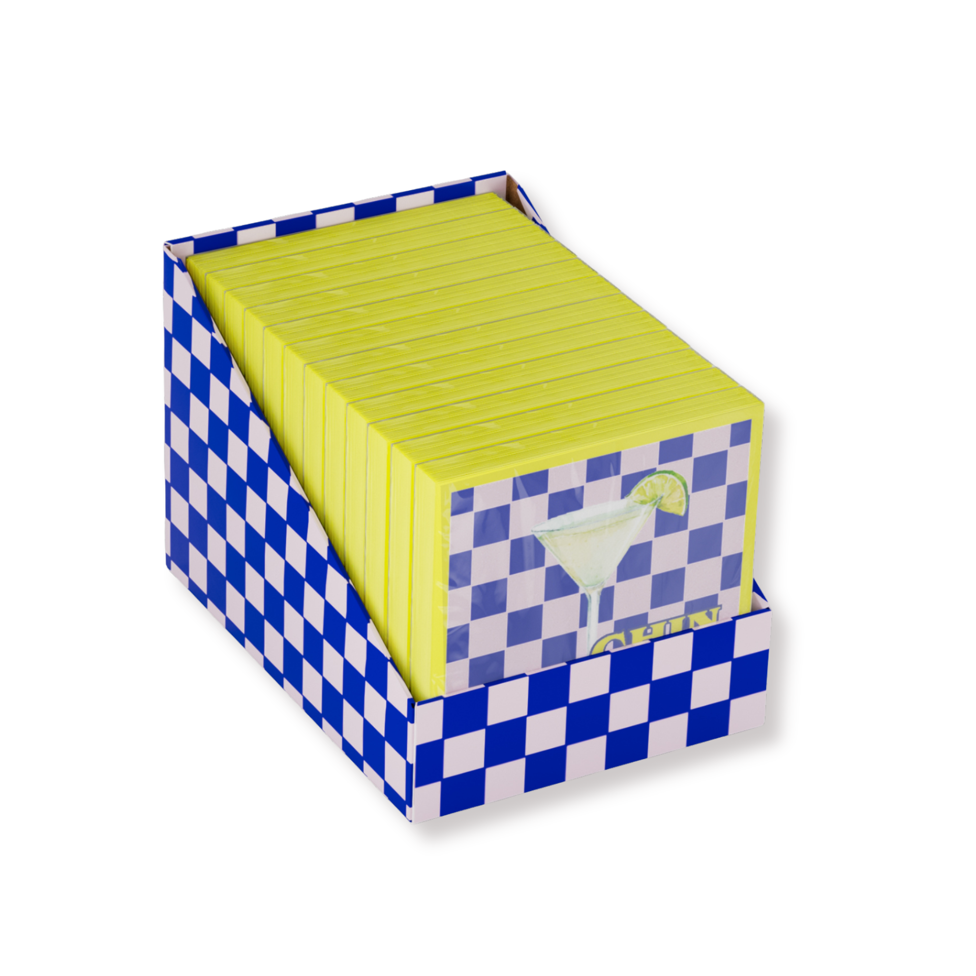 Papieren Servetten 33x33 cm – 3-LaPapieren Servetten - "Chin Chin" - Geel/Blauw/Roze - 3-Laags - FSC - 33x33 cm  - 20 Stuksags – FSC –Geel/Blauw/Roze – 'Chin chin' – 20 Stuks
