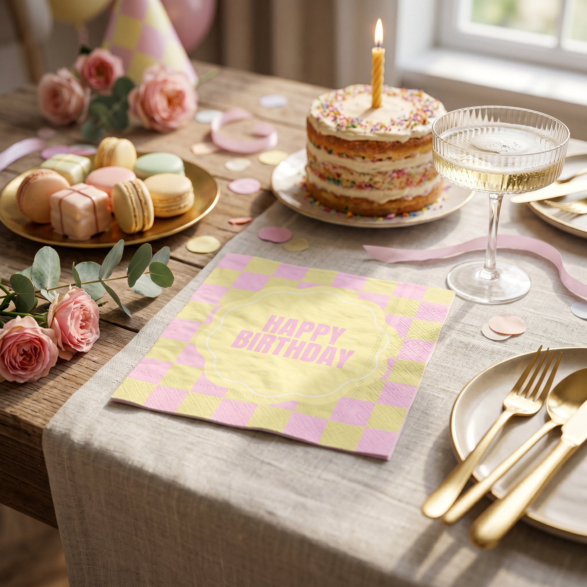 Papieren Servetten - "Happy Birthday" - Roze/Geel - 3-Laags - FSC -  33x33 cm - 20 Stuks