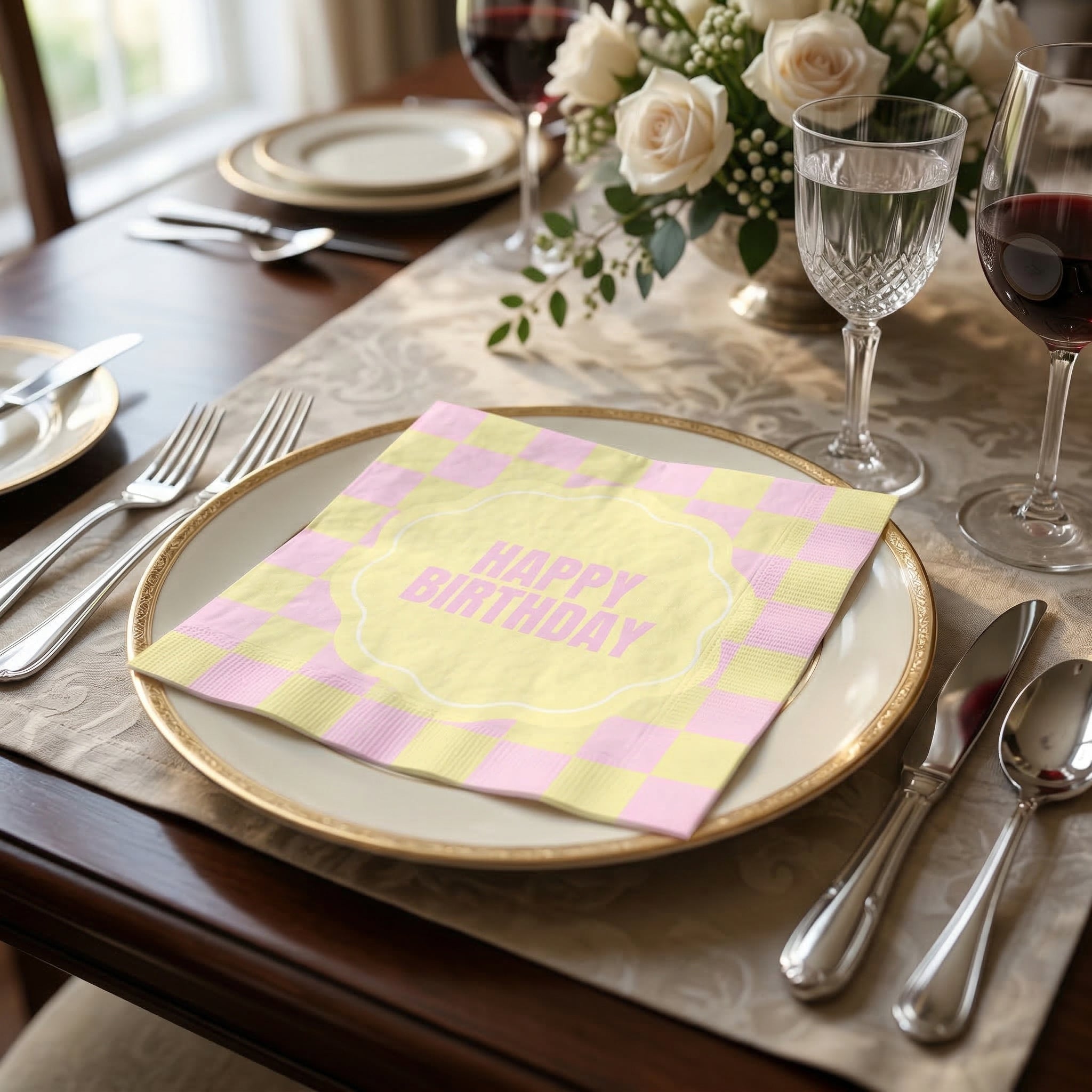 Papieren Servetten - "Happy Birthday" - Roze/Geel - 3-Laags - FSC -  33x33 cm - 20 Stuks