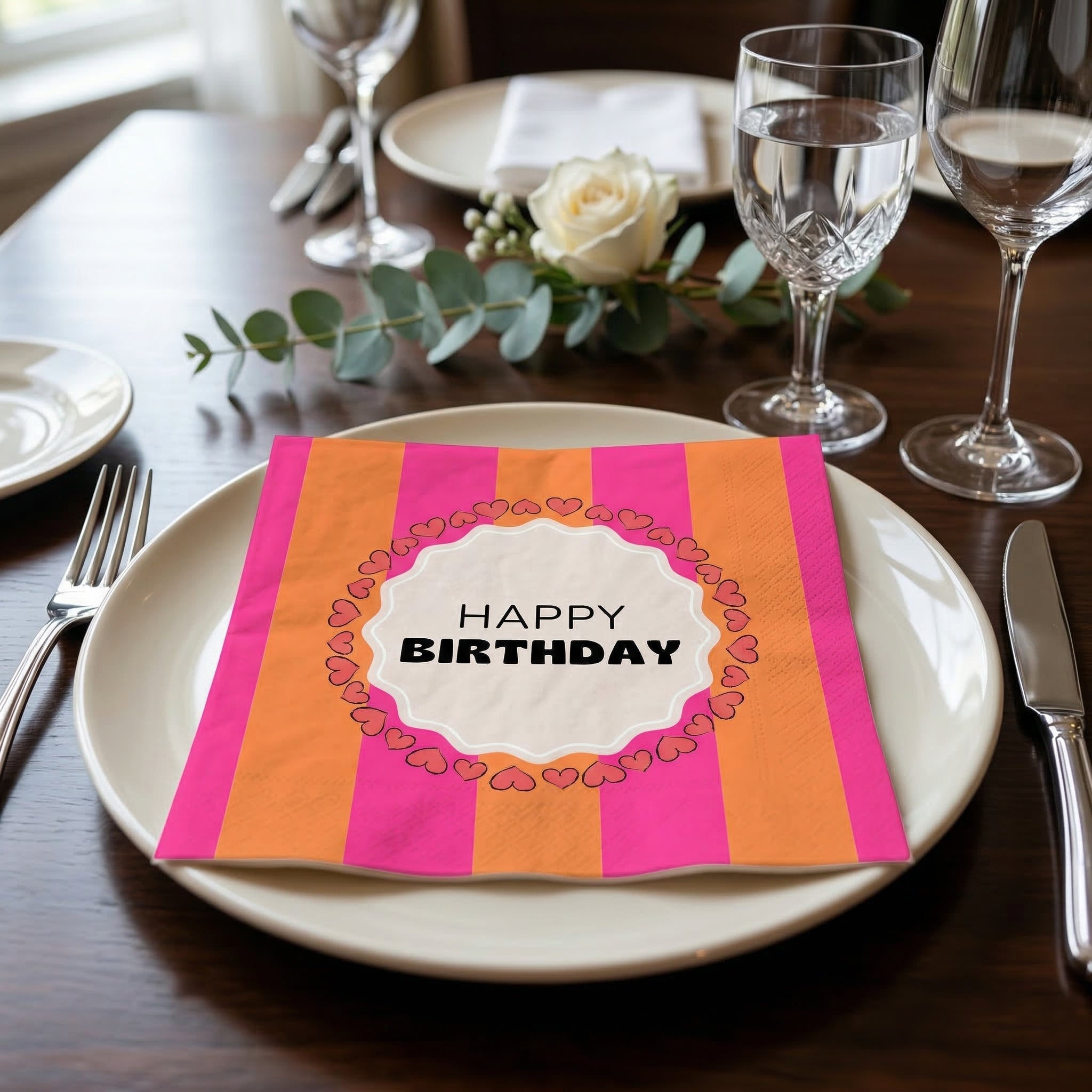 Papieren Servetten - "Happy Birthday" - Roze/Oranje - 3-Laags - FSC - 33x33 cm - 20 Stuks