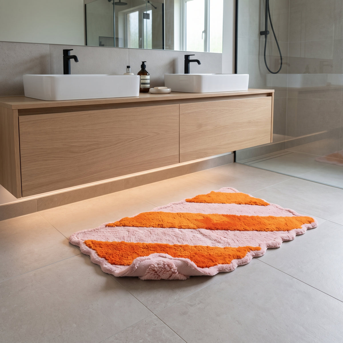 Badmat - Gestreept - Katoen/ Polyester - Lichtroze/ Oranje -  80x50x1 cm
