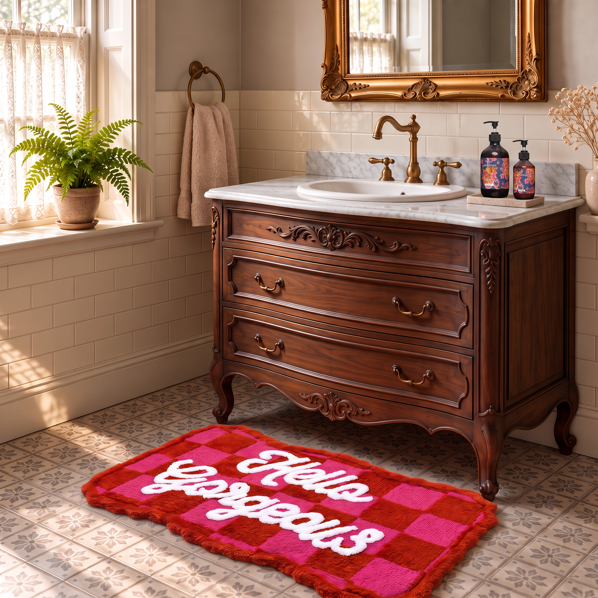 Badmat - Hello Gorgeous- Katoen/ Polyester - Roze/ Rood-  80x50x1 cm