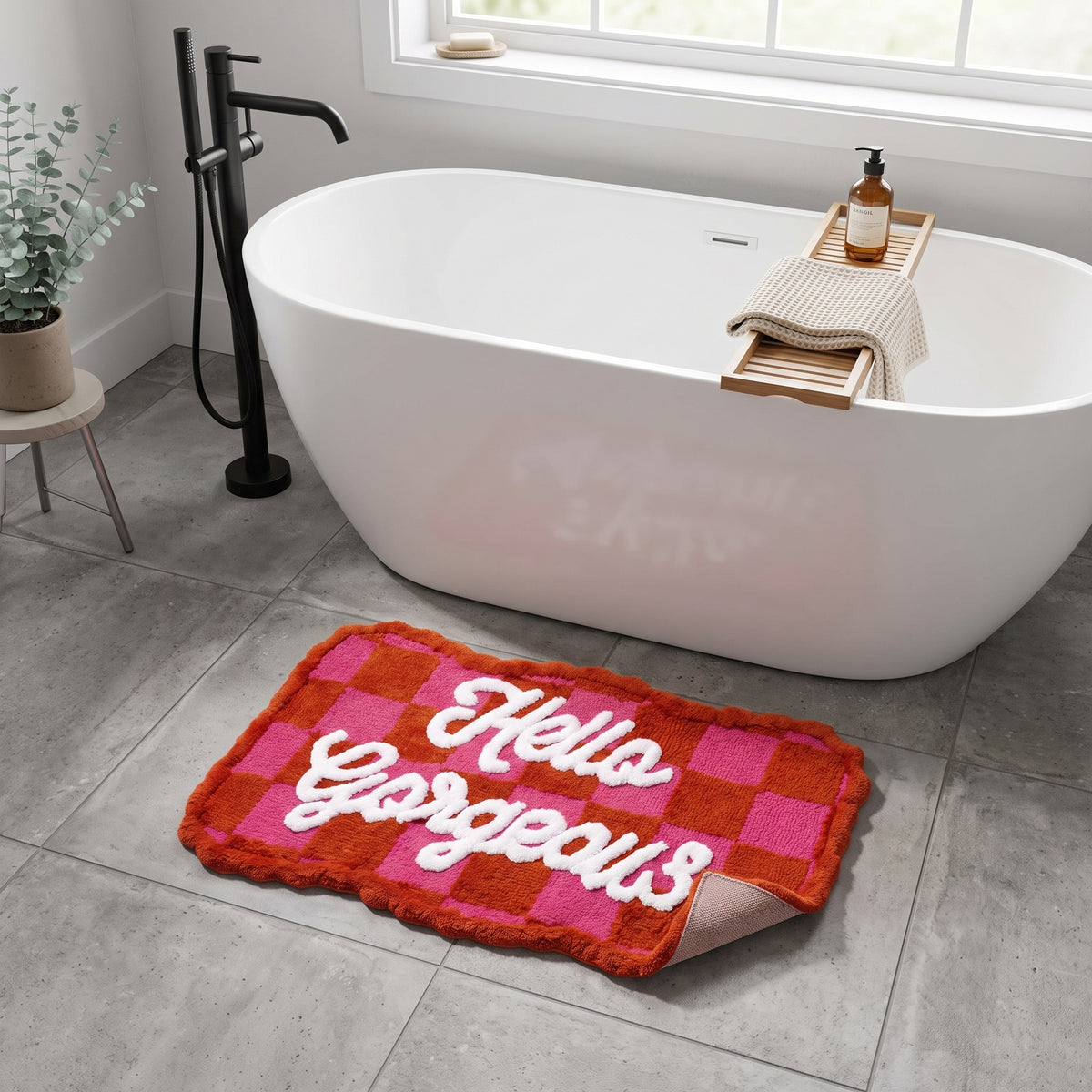 Badmat - Hello Gorgeous- Katoen/ Polyester - Roze/ Rood-  80x50x1 cm