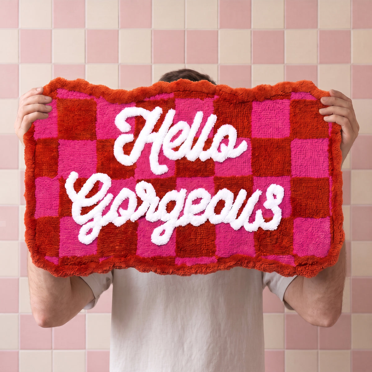 Badmat - Hello Gorgeous- Katoen/ Polyester - Roze/ Rood-  80x50x1 cm