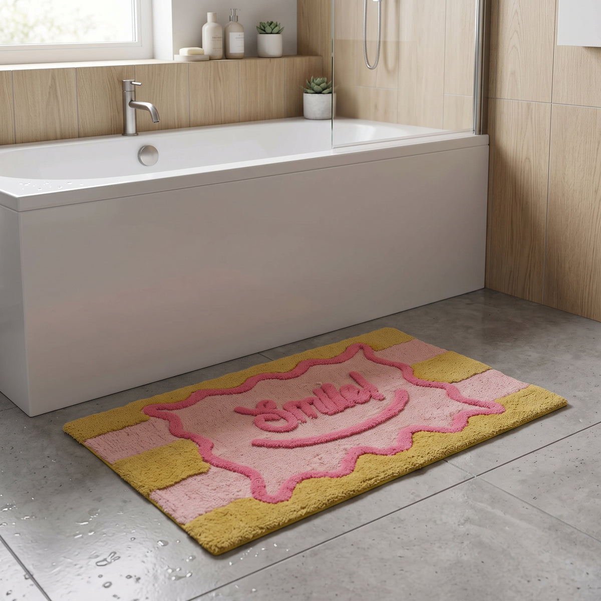Badmat - Smile- Katoen/ Polyester - Roze/ Geel-  80x50x1 cm