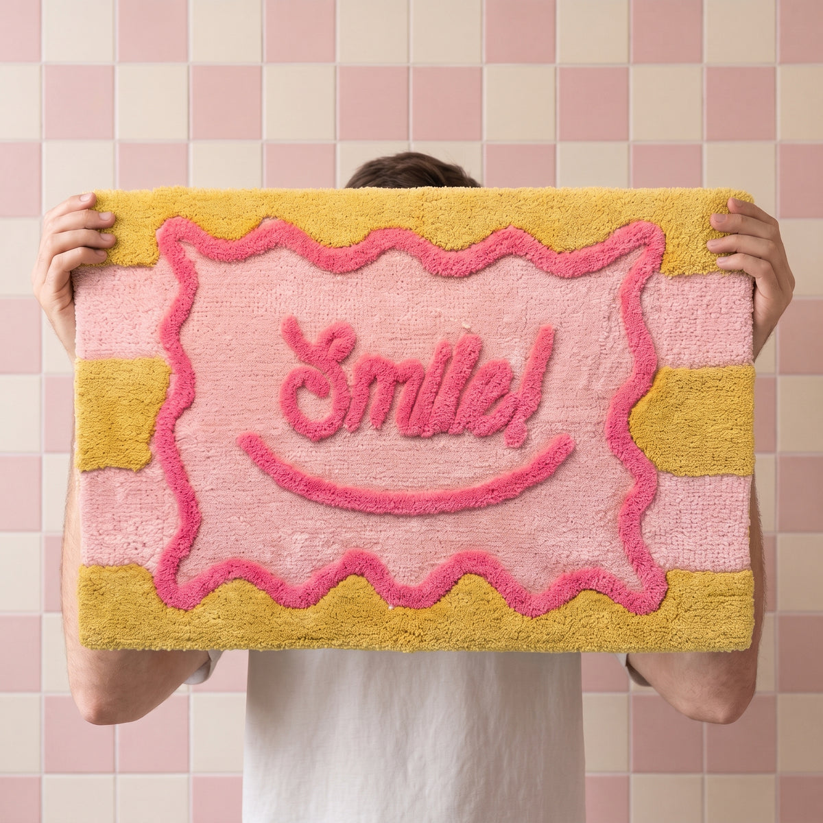 Badmat - Smile- Katoen/ Polyester - Roze/ Geel-  80x50x1 cm