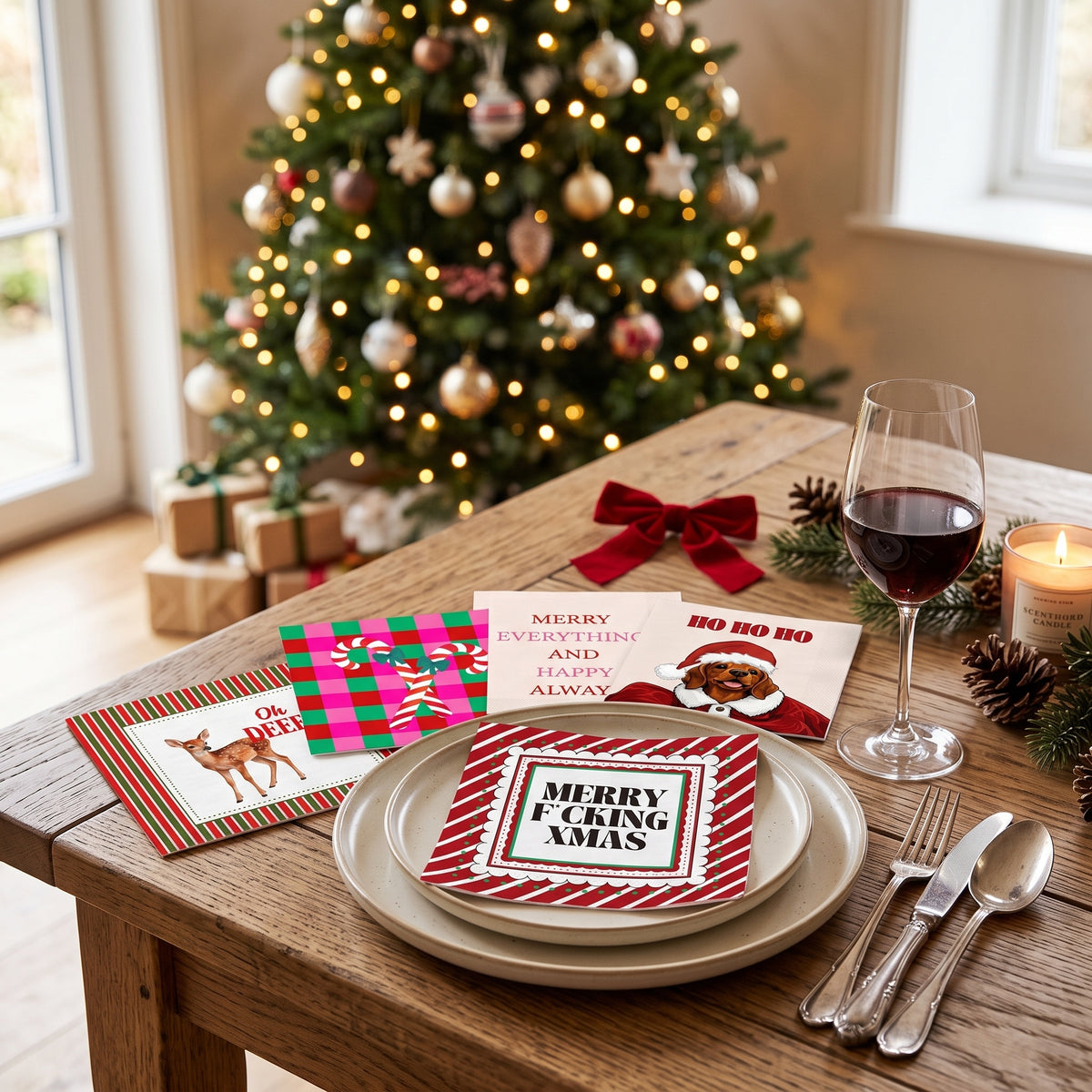 Papieren Servetten - Kerst Servet "Merry f*cking Xmas" - Rood/ Wit - 3-Laags - FSC - 33x33 cm - 20 Stuks